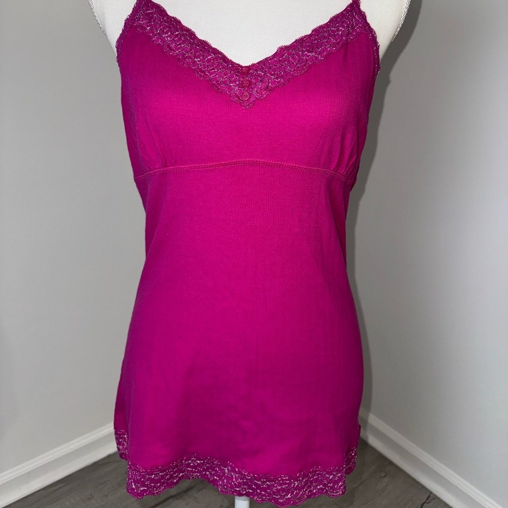 Faded Glory Fuschia‎ Lace Trim Cami Tank Top Large 12/14 Adjustable Straps Y2K
